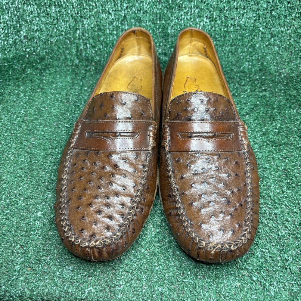 Zelli Genuine Ostrich Leather Penny Loafer Driver Classic Luxury Brown Mens 12 M